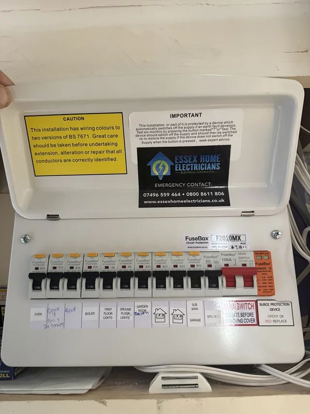 Consumer unit with circuit labels, protective devices and installation notices