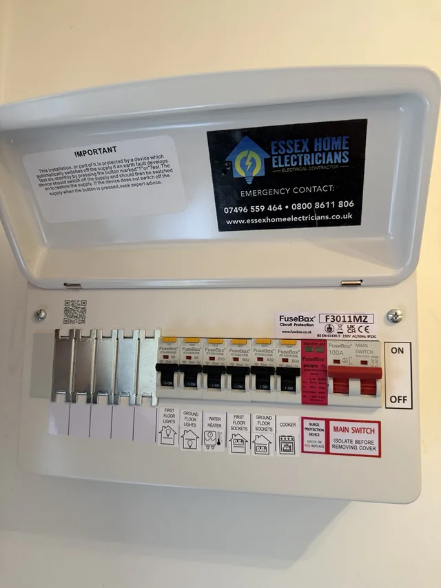 Consumer unit with labelled circuits and Essex Home Electricians contact details